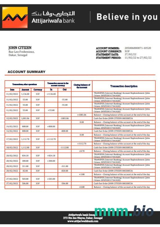 Senegal Attijariwafa Bank dowód adresu szablon oświadczenia w formacie Word i PDF
